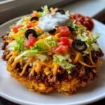 A serving of Ultimate Crispy Rice Taco Salad topped with seasoned beef, cheese, lettuce, tomatoes, olives, and sour cream.
