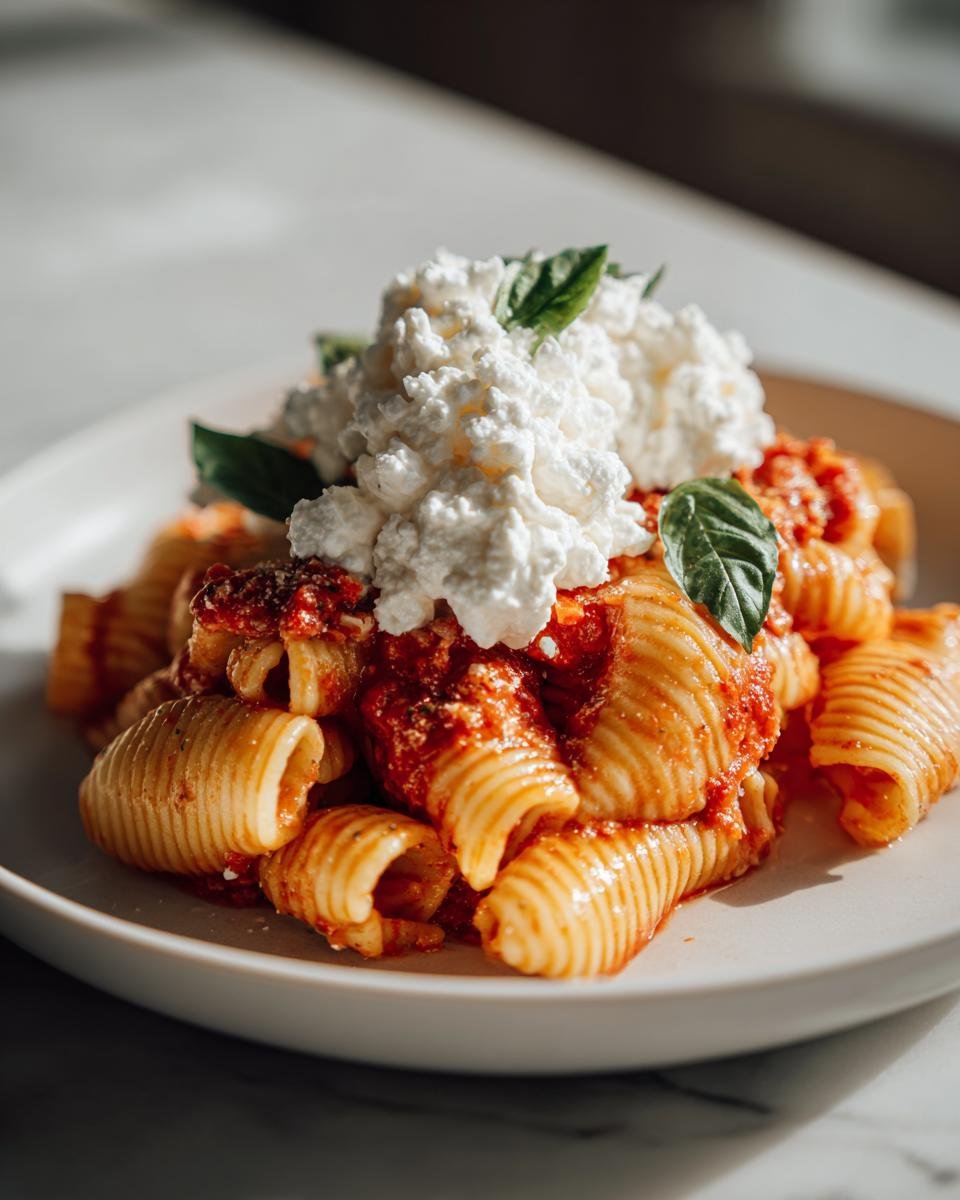 A serving of Unstuffed Spicy Tomato Basil Shells pasta topped with a dollop of whipped ricotta and fresh basil leaves.