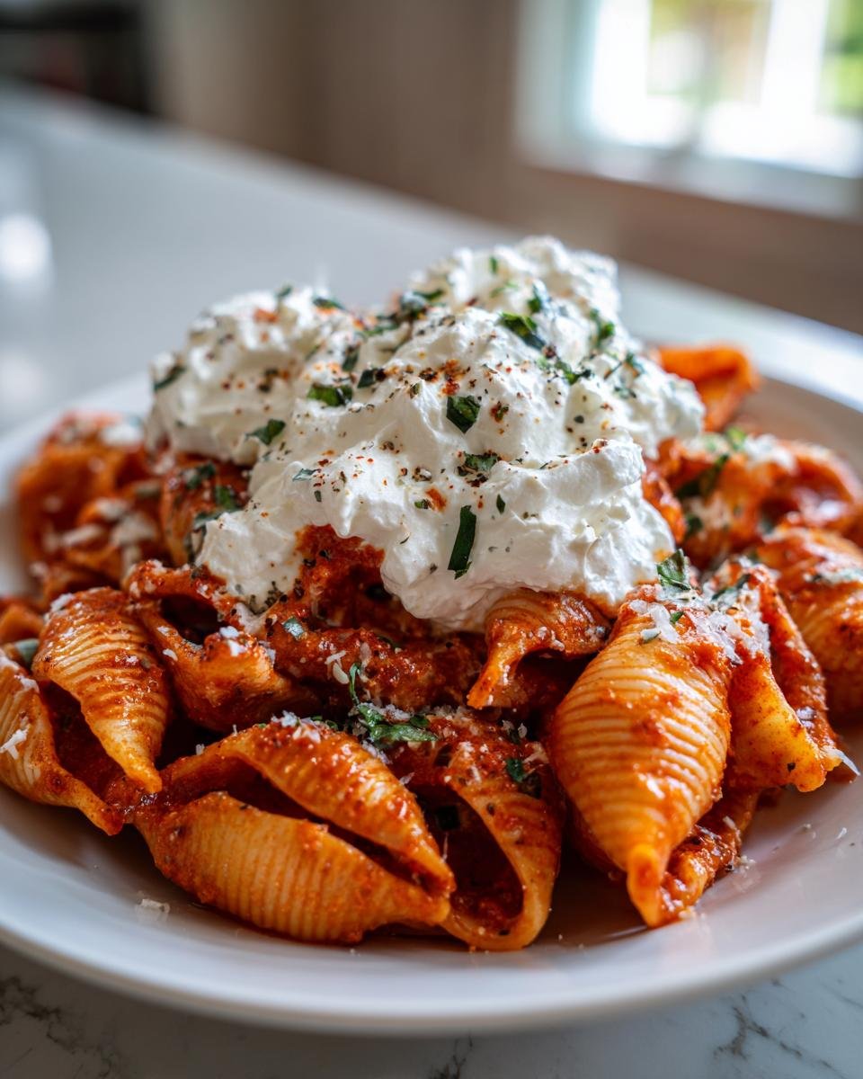 A plate of Unstuffed Spicy Tomato Basil Shells topped generously with whipped ricotta and herbs.