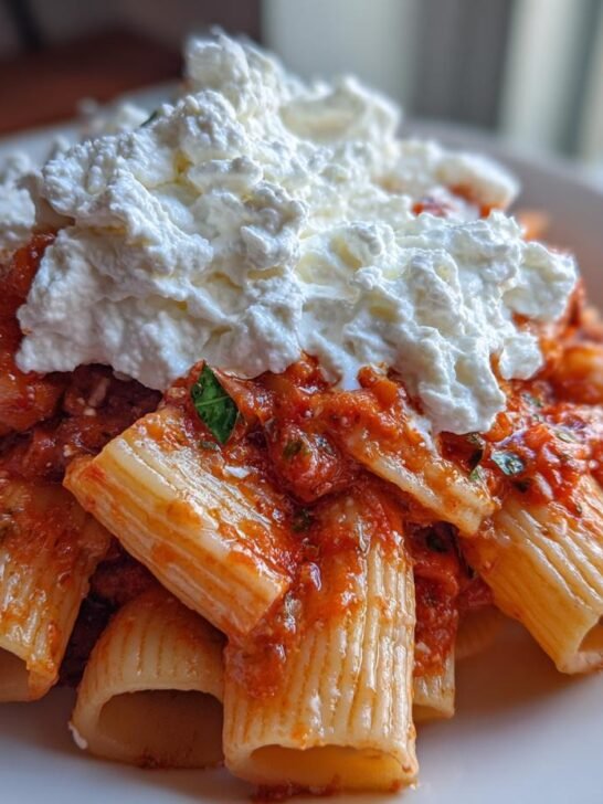 Close-up of Unstuffed Spicy Tomato Basil Shells pasta topped with a generous dollop of whipped ricotta.