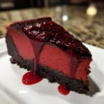 A rich slice of Vampire Bite Red Velvet Cheesecake featuring a dark crust, deep red filling, and dripping raspberry sauce.