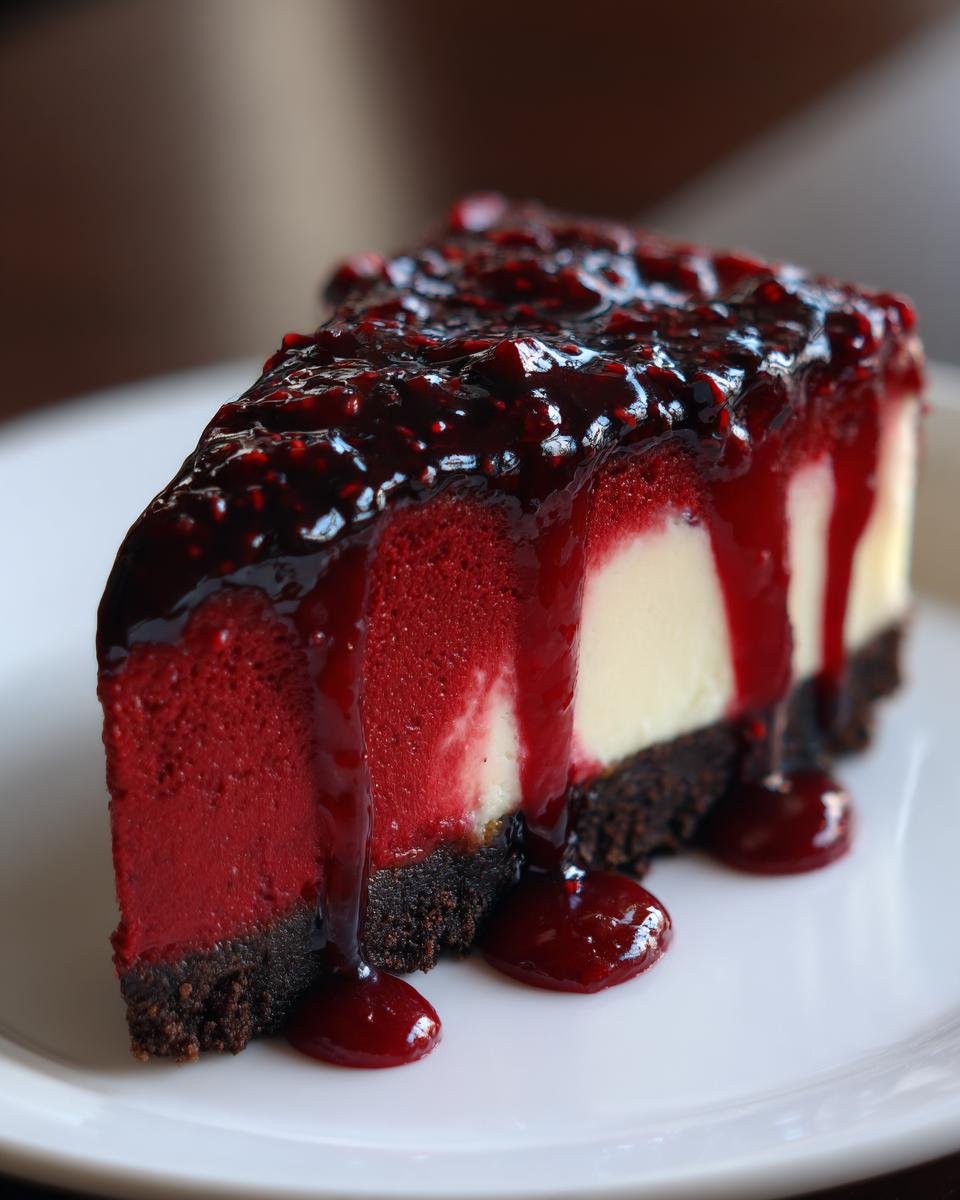 A decadent slice of Vampire Bite Red Velvet Cheesecake featuring a dark crust, red and white swirl filling, and dripping berry sauce.