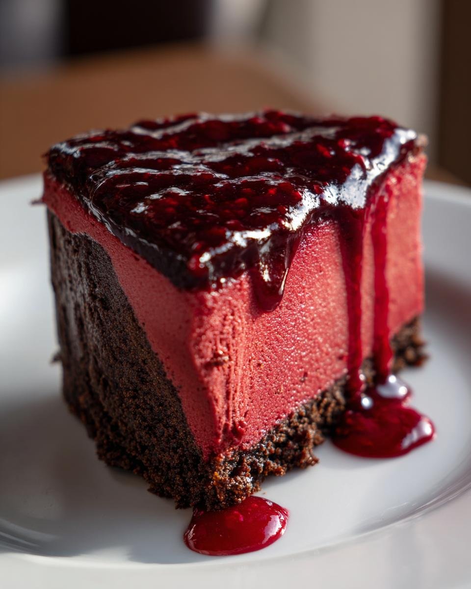 A close-up of a slice of Vampire Bite Red Velvet Cheesecake featuring a dark crust, vibrant red filling, and dripping berry topping.
