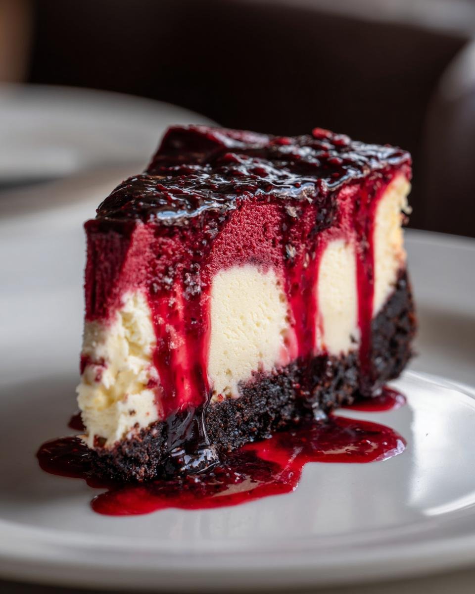 A decadent slice of Vampire Bite Red Velvet Cheesecake featuring layers of red velvet, cream cheese, and a dark crust, topped with dripping berry sauce.