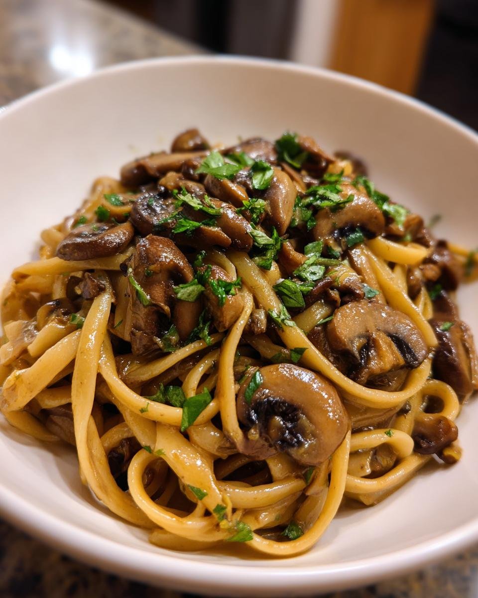 A close-up bowl of Vegan Mushroom Stroganoff served over thick noodles and garnished with fresh parsley.