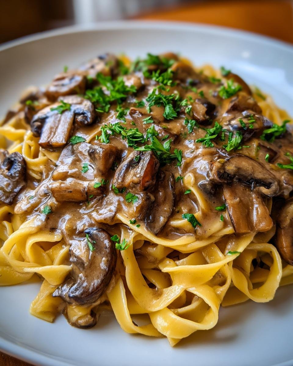 Close-up of creamy Vegan Mushroom Stroganoff served over wide egg-free pasta noodles and topped with fresh parsley.