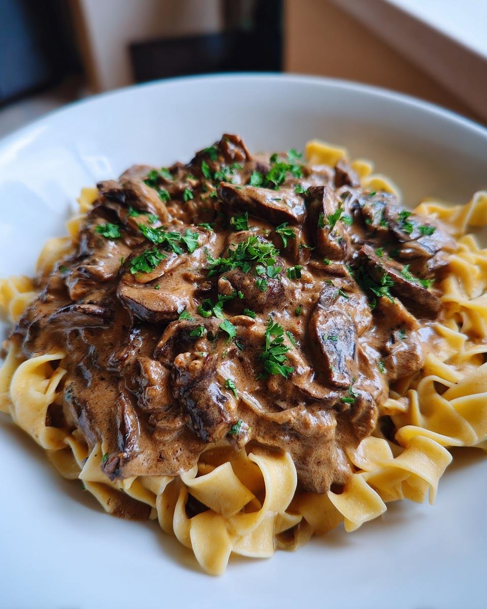 A close-up of Vegan Mushroom Stroganoff generously spooned over wide egg noodles, garnished with fresh parsley.