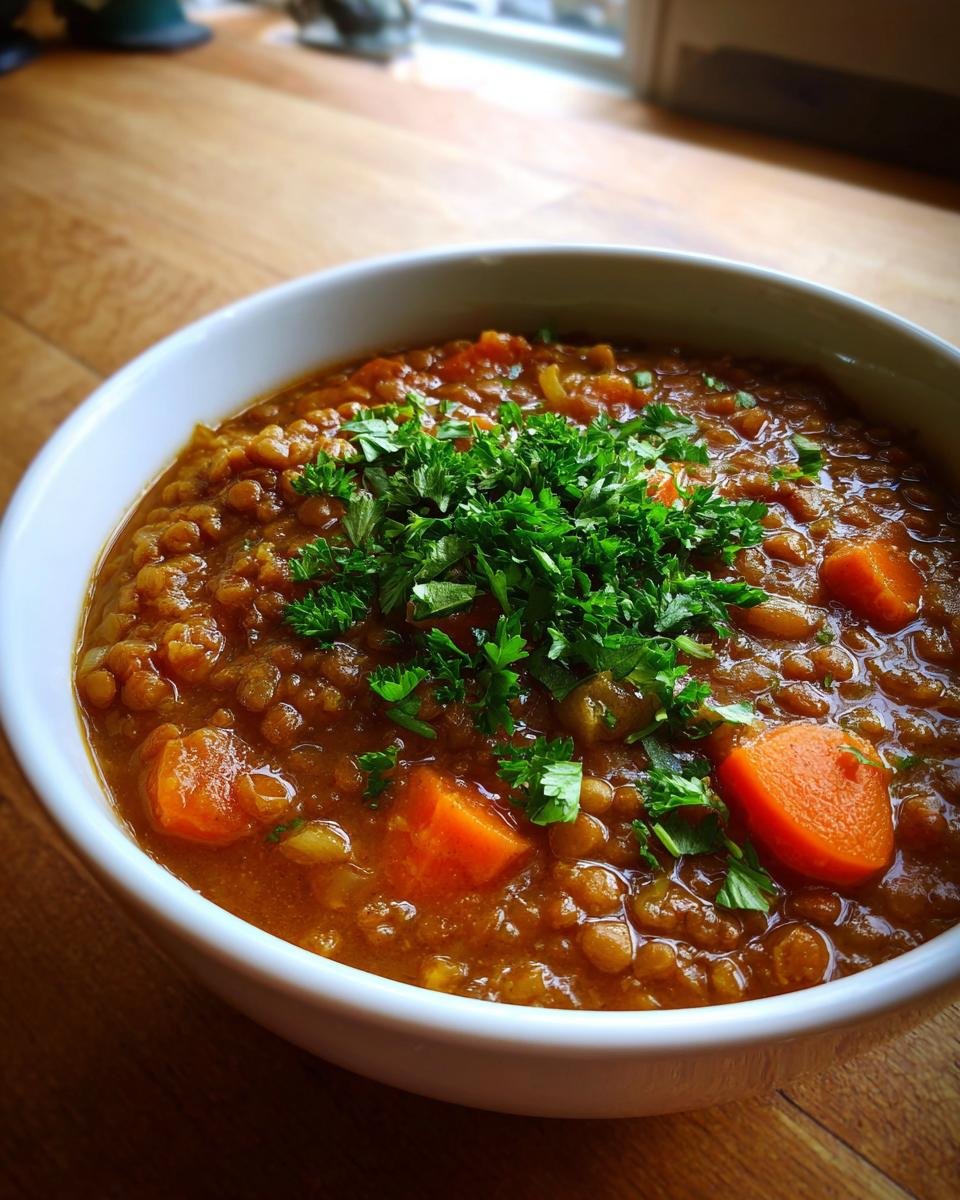 Close-up of a rich Vegetarian Lentil Soup Bowl topped generously with fresh chopped parsley and chunks of carrot.