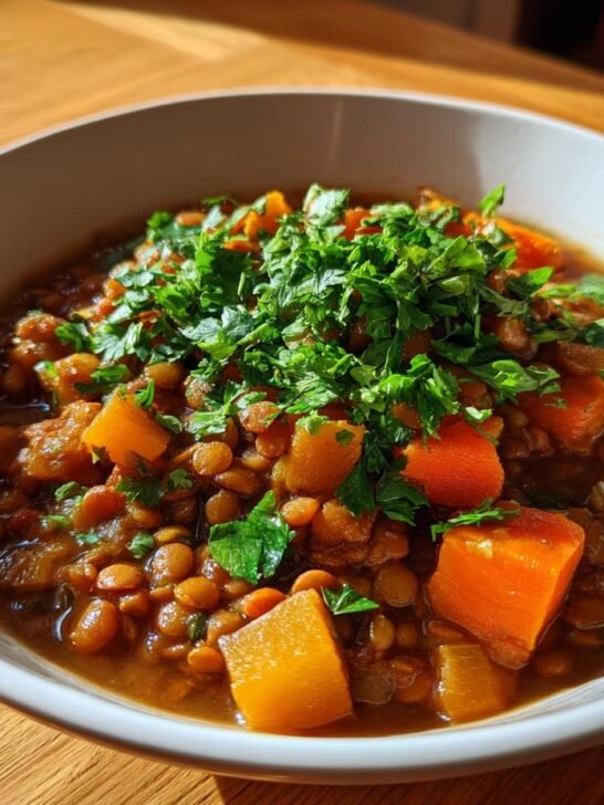 A close-up of a hearty Vegetarian Lentil Soup Bowl featuring lentils, chunks of orange vegetables, topped generously with fresh chopped parsley.