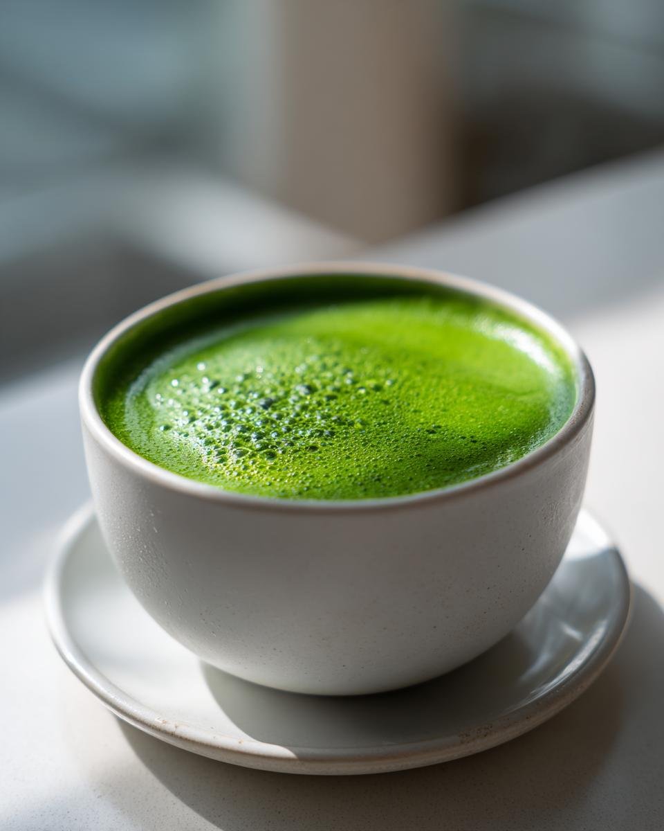 Close-up of a vibrant, frothy green beverage, resembling a matcha or Green Detox Soup, in a white ceramic cup.