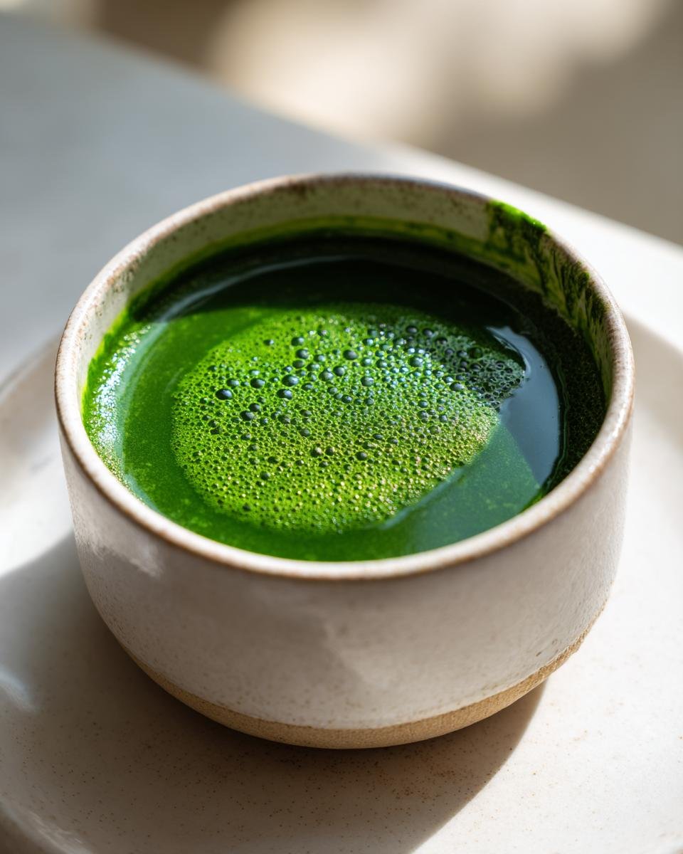 Close-up of a vibrant, foamy, bright green liquid, resembling a Green Detox Soup, served in a rustic ceramic bowl.