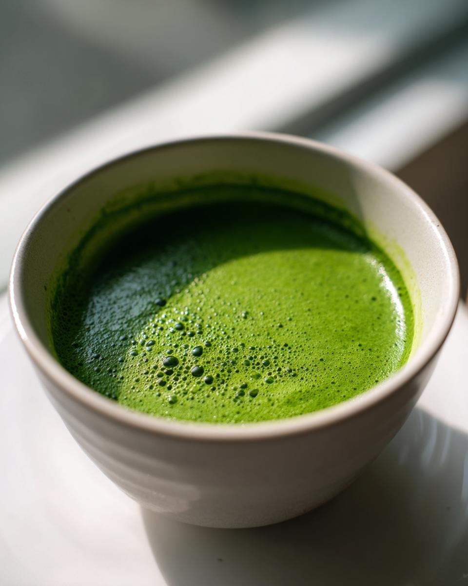 Close-up of vibrant, frothy Green Detox Soup (Matcha) in a light-colored bowl, illuminated by sunlight.