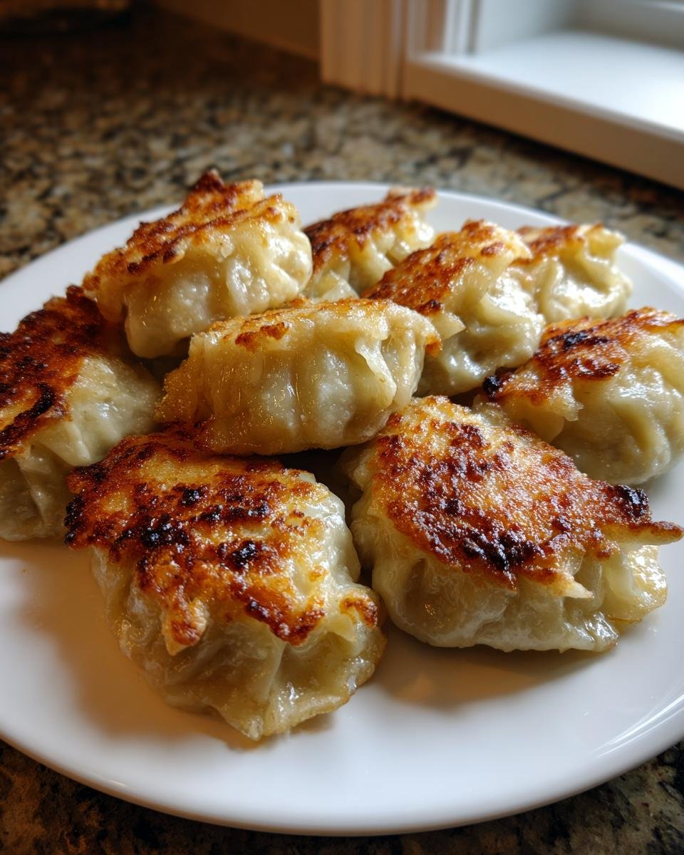 A plate of golden-brown, crispy Viral One Pan Baked Dumplings with perfectly seared bottoms.