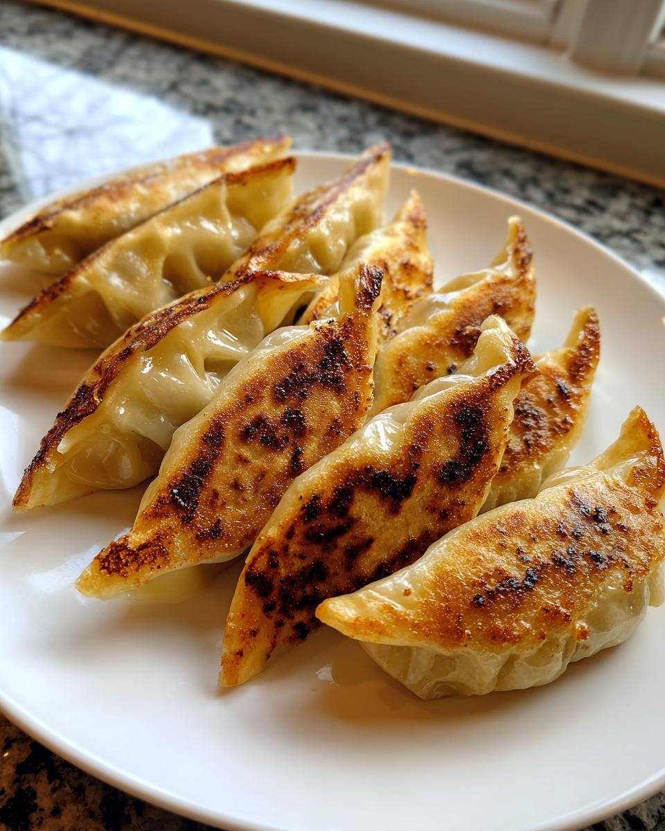 Close-up of golden-brown, crispy Viral One Pan Baked Dumplings arranged on a white plate.