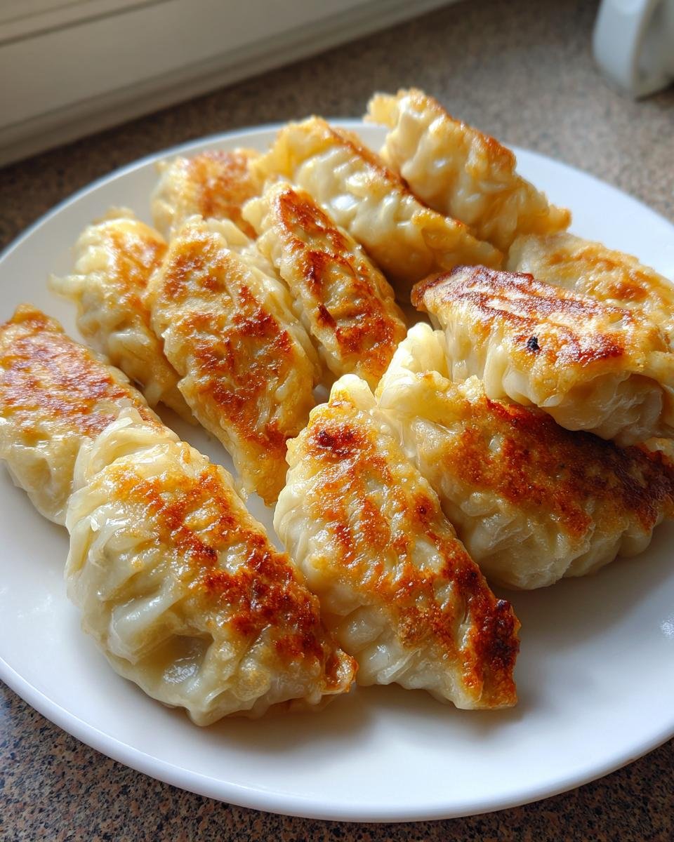 A plate full of golden-brown, pan-fried Viral One Pan Baked Dumplings ready to eat.