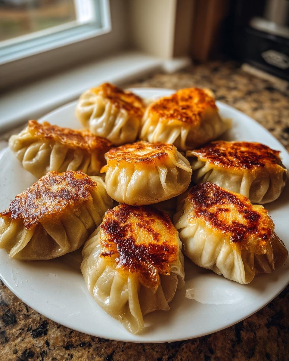 A plate of seven golden-brown, pan-seared Viral One Pan Baked Dumplings with crispy bottoms.