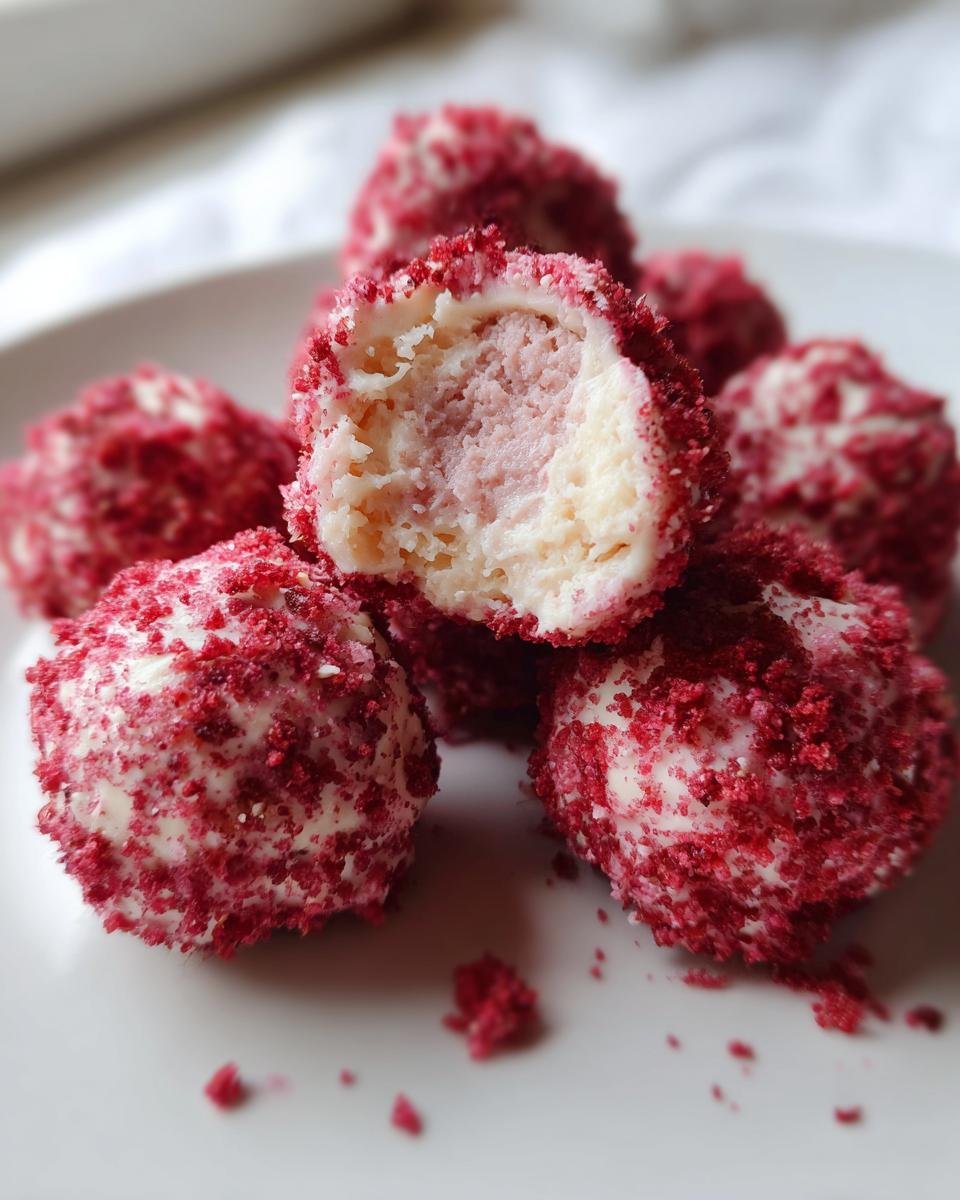 Close-up of White Chocolate Raspberry Truffles coated in bright red raspberry crumbs, one is bitten open showing the pink interior.