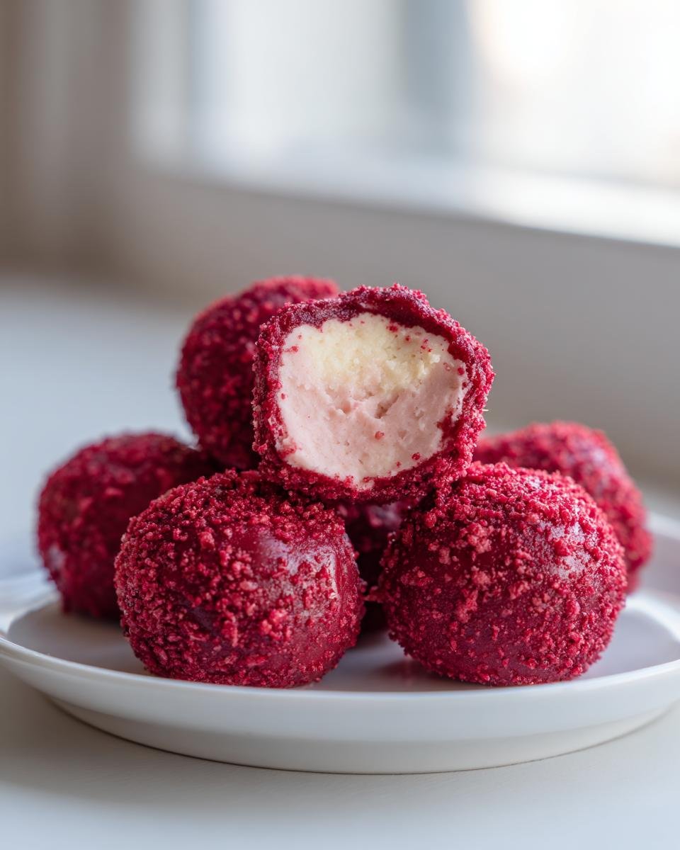 Close-up of White Chocolate Raspberry Truffles coated in bright red raspberry powder, one cut open showing the creamy filling.
