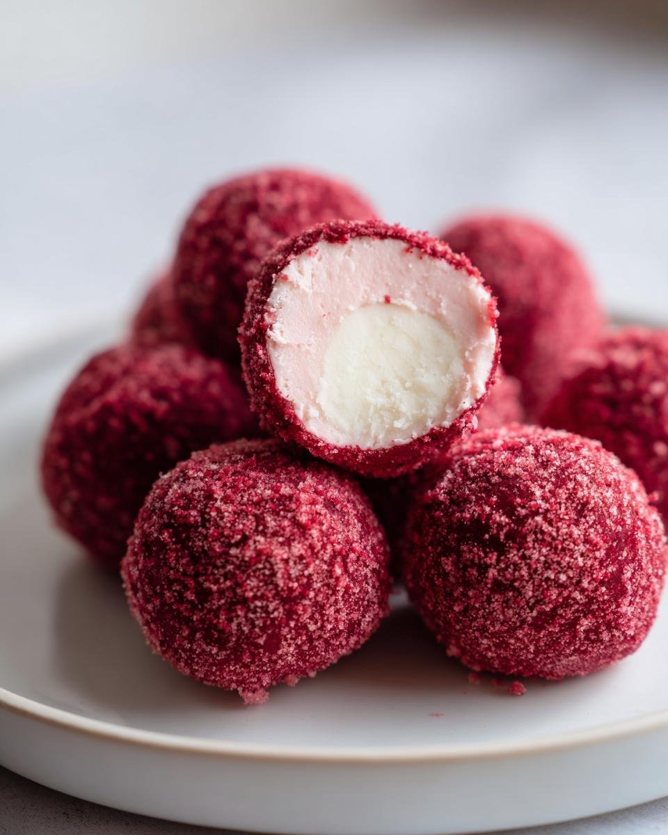 Close-up of White Chocolate Raspberry Truffles, one cut open showing a white center and pink layer.