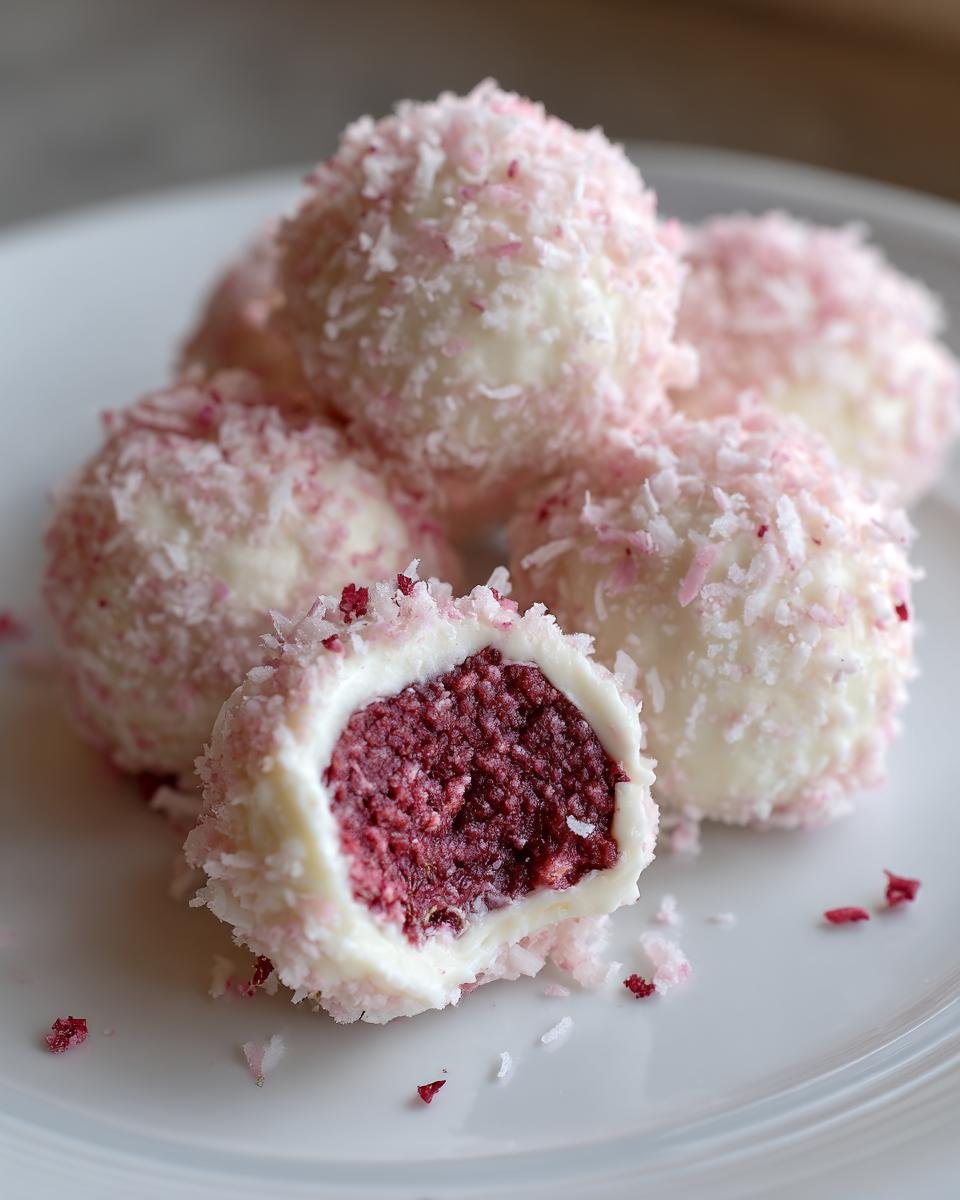 Close-up of White Chocolate Raspberry Truffles, one cut in half showing the raspberry center and pink coconut coating.