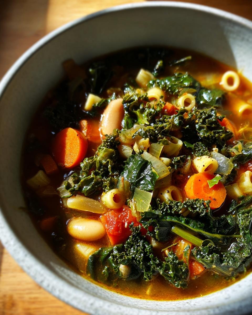 Close-up of a bowl filled with rich Winter Minestrone Vegetable Soup featuring kale, carrots, beans, and pasta.