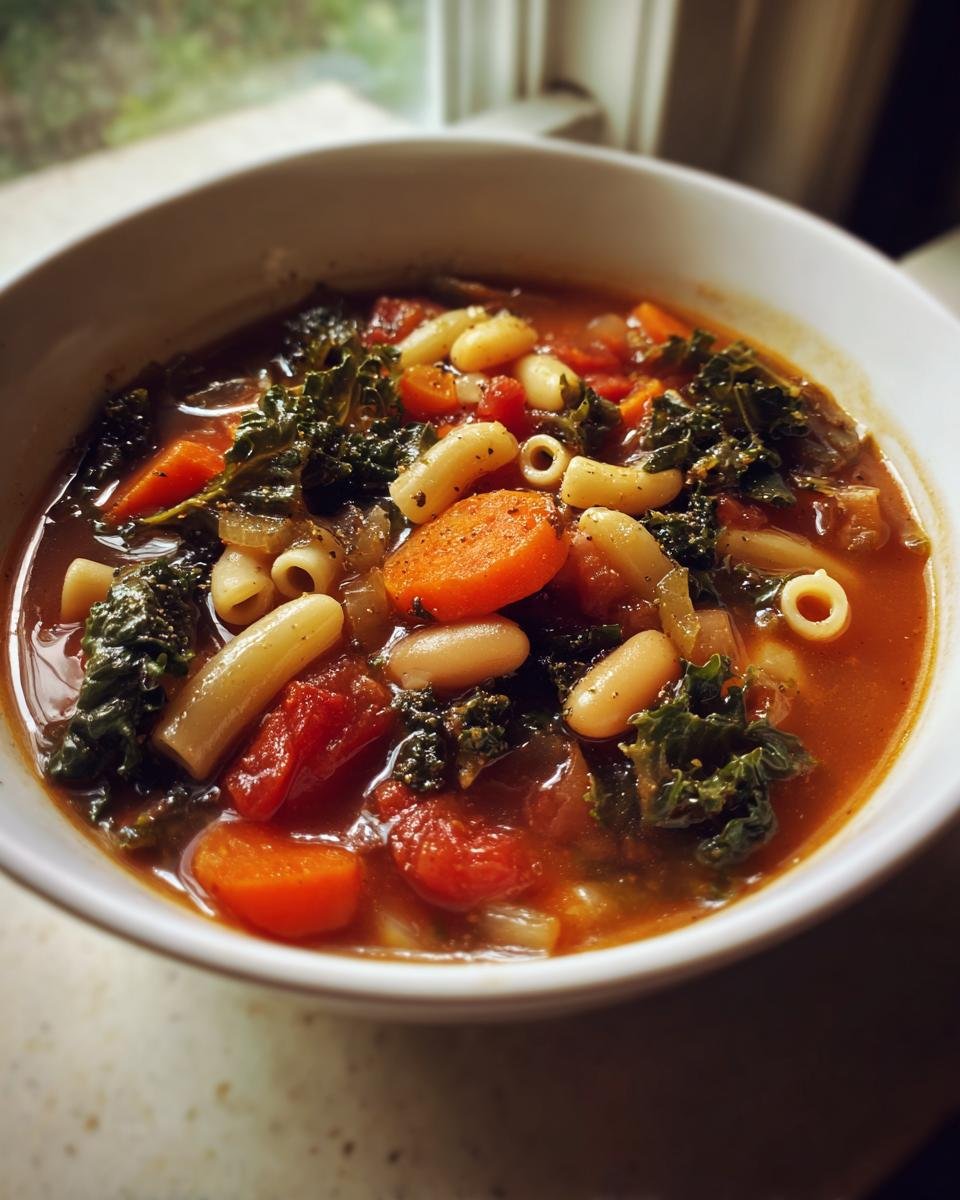 Close-up of a steaming bowl of Winter Minestrone Vegetable Soup featuring kale, carrots, beans, and pasta.