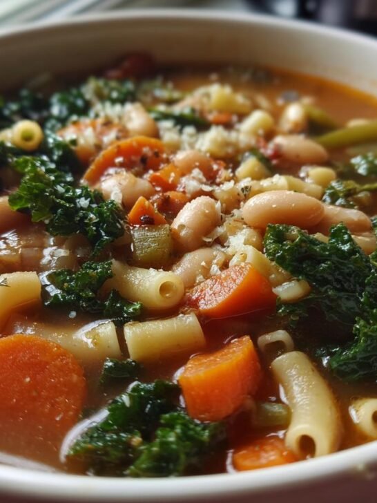 Close-up of a steaming bowl of Winter Minestrone Vegetable Soup filled with pasta, white beans, carrots, and kale.