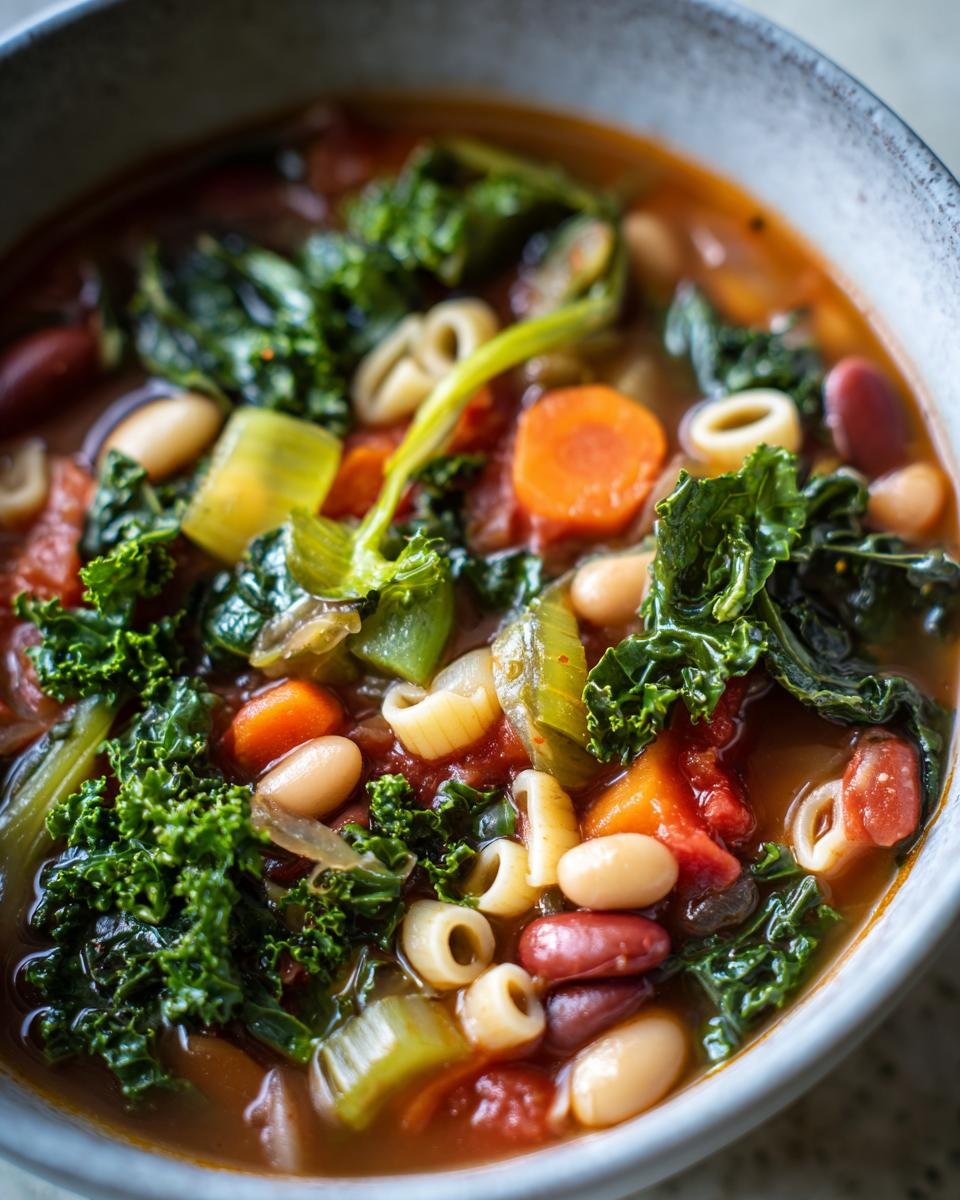 Close-up of a bowl of vibrant Winter Minestrone Vegetable Soup featuring kale, carrots, beans, and pasta.