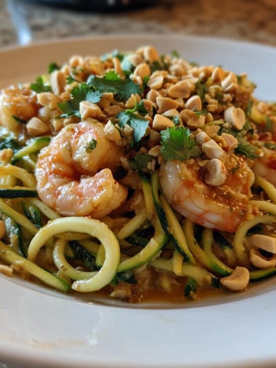 Close-up of Zucchini Noodle Pad Thai With Shrimp topped with crushed peanuts and cilantro.