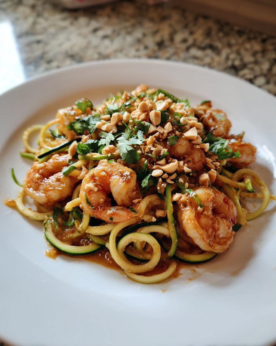 A close-up of Zucchini Noodle Pad Thai With Shrimp, topped with crushed peanuts and fresh cilantro on a white plate.