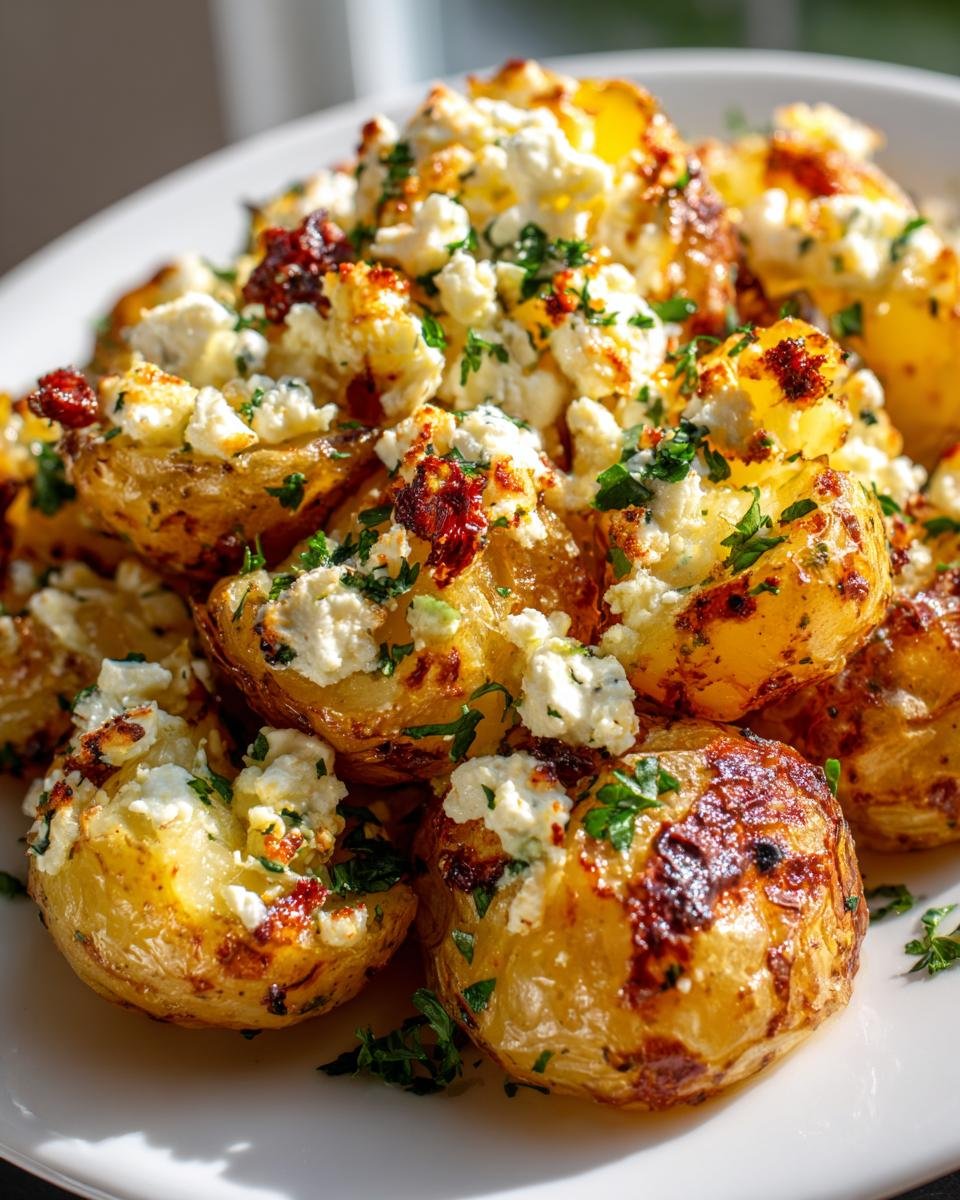 A close-up of golden-brown baked feta potatoes topped generously with crumbled feta cheese and fresh parsley.