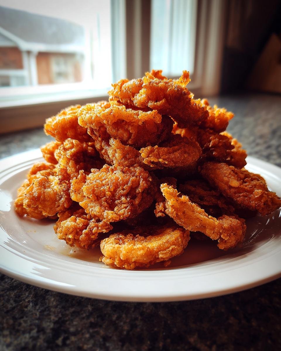 A tall pile of crispy, golden brown Fried Mushrooms stacked high on a white plate.