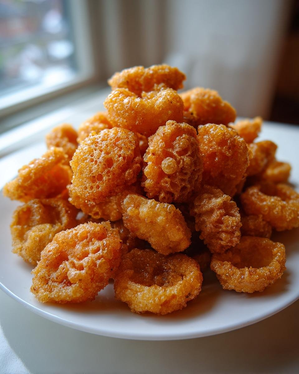 A mound of golden-brown, crispy fried mushrooms piled high on a white plate, ready to eat.