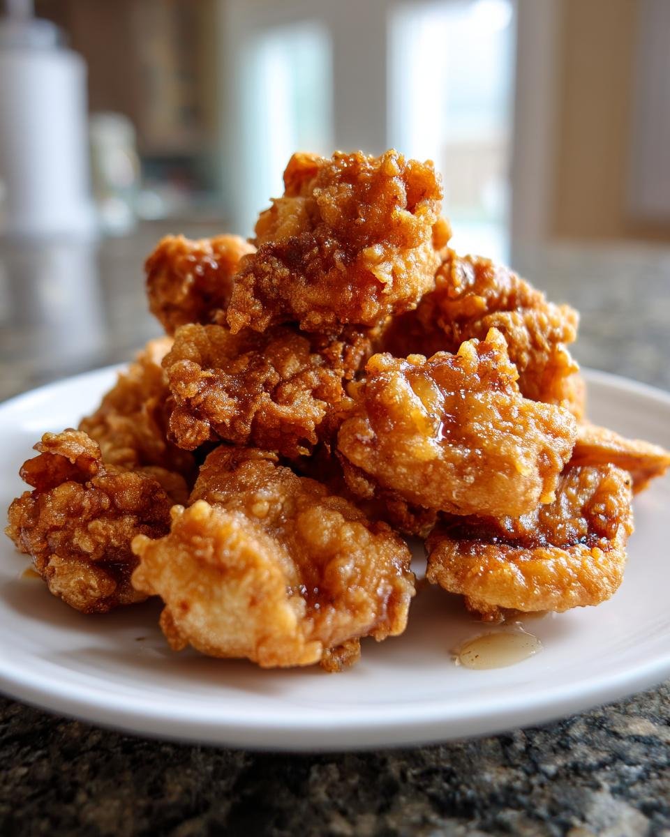 A pile of crispy, golden brown fried mushrooms drizzled with a light glaze, served on a white plate.