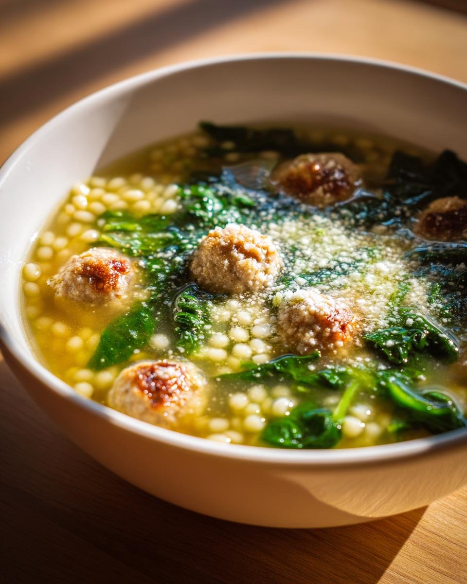 Close-up of a white bowl filled with Amazing Italian Wedding Soup featuring tiny meatballs, acini di pepe pasta, and spinach, topped with grated cheese.