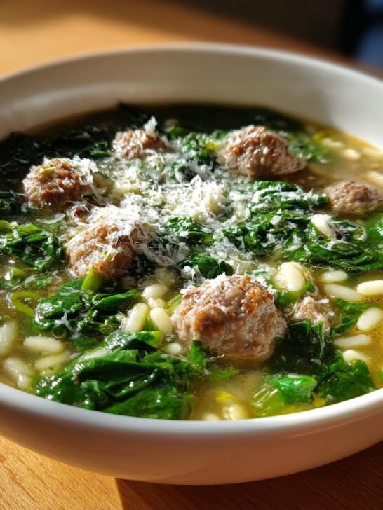 A close-up of a white bowl filled with Amazing Italian Wedding Soup, featuring meatballs, greens, pasta, and grated Parmesan cheese.