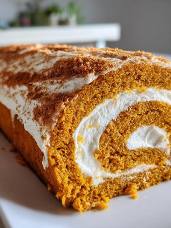 A whole Pumpkin Spice Roll Cake with cream cheese frosting and cinnamon dusting, showing the spiral interior.