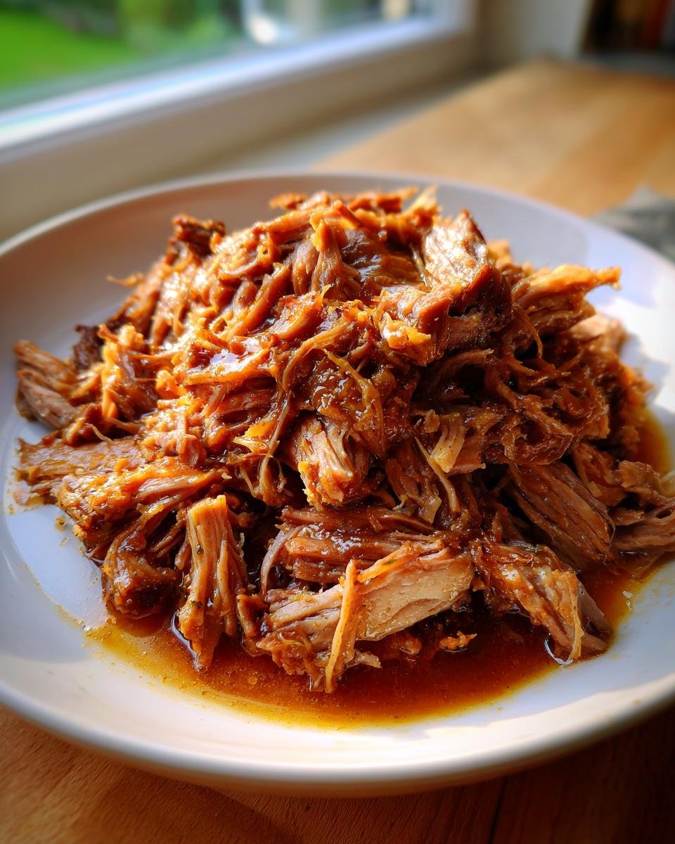 Close-up of tender, shredded Apple Cider Braised Pork Shoulder glistening in sauce on a white plate.