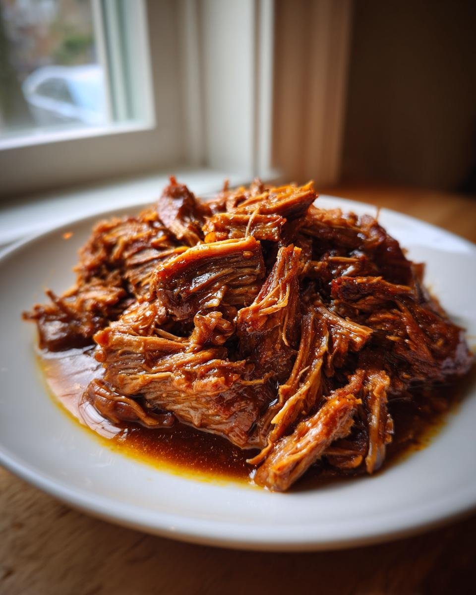 A close-up of tender, shredded Apple Cider Braised Pork Shoulder glistening in its sauce on a white plate.
