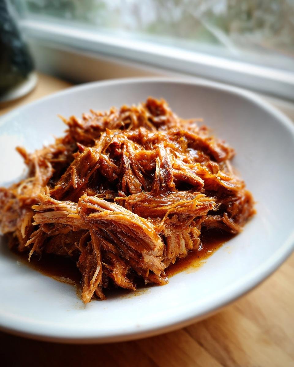Close-up of tender, shredded Apple Cider Braised Pork Shoulder coated in rich sauce, served in a white bowl.