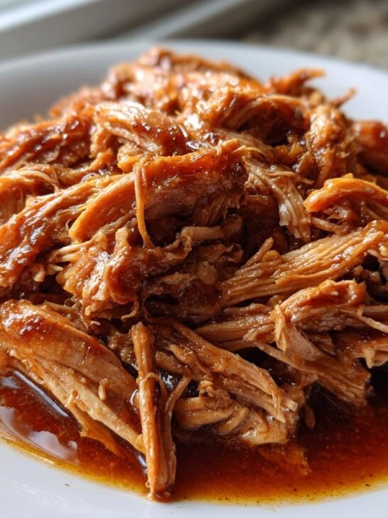 Close-up of tender, shredded Apple Cider Braised Pork Shoulder coated in a rich, dark sauce on a white plate.