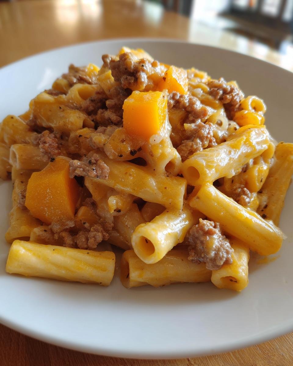 Close-up of creamy Autumn Sausage Pasta Squash featuring rigatoni pasta, ground sausage, and chunks of bright orange squash.