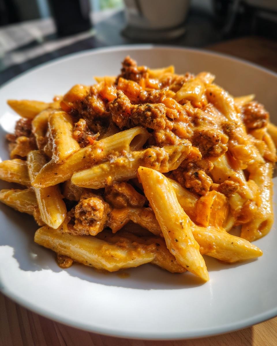 Close-up of creamy Autumn Sausage Pasta Squash featuring penne pasta coated in an orange sauce with visible sausage crumbles.