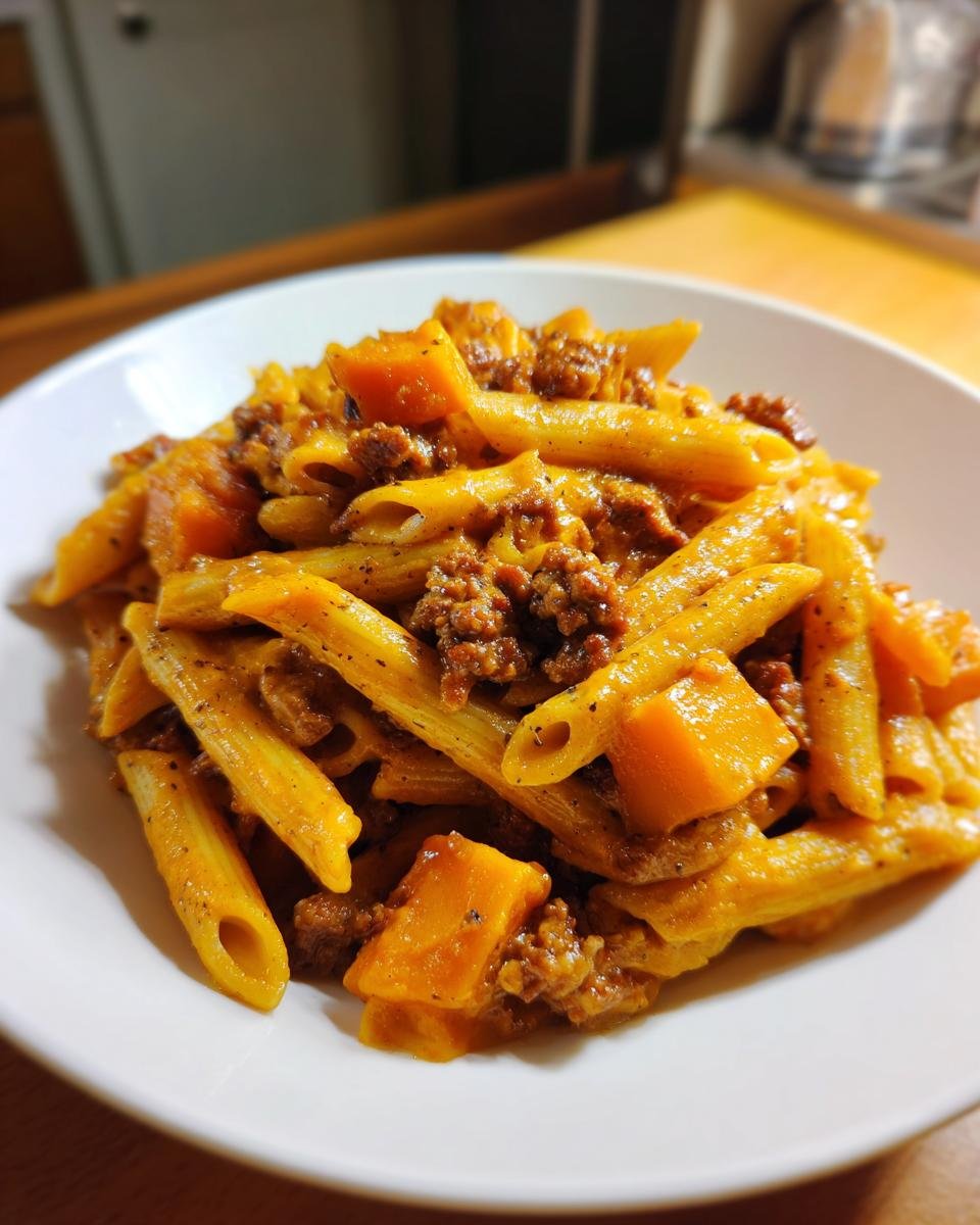 Close-up of Autumn Sausage Pasta Squash with penne pasta, ground meat, and orange squash chunks in a white bowl.