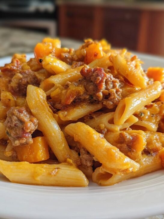 Close-up of Autumn Sausage Pasta Squash featuring penne pasta, ground sausage, and orange squash cubes in a creamy sauce.