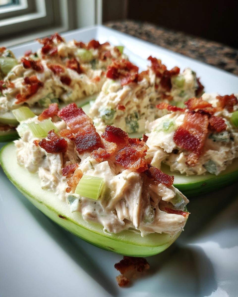 Close-up of Bacon Ranch Chicken Salad Cucumber Boats filled with creamy chicken salad and topped with crispy bacon bits.