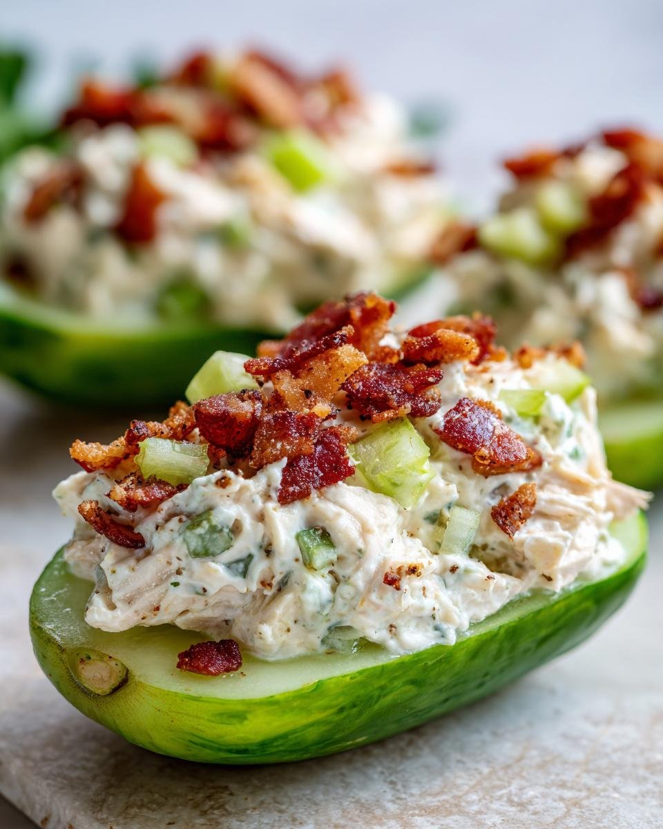 Close-up of a Bacon Ranch Chicken Salad Cucumber Boat topped with crispy bacon bits and celery.
