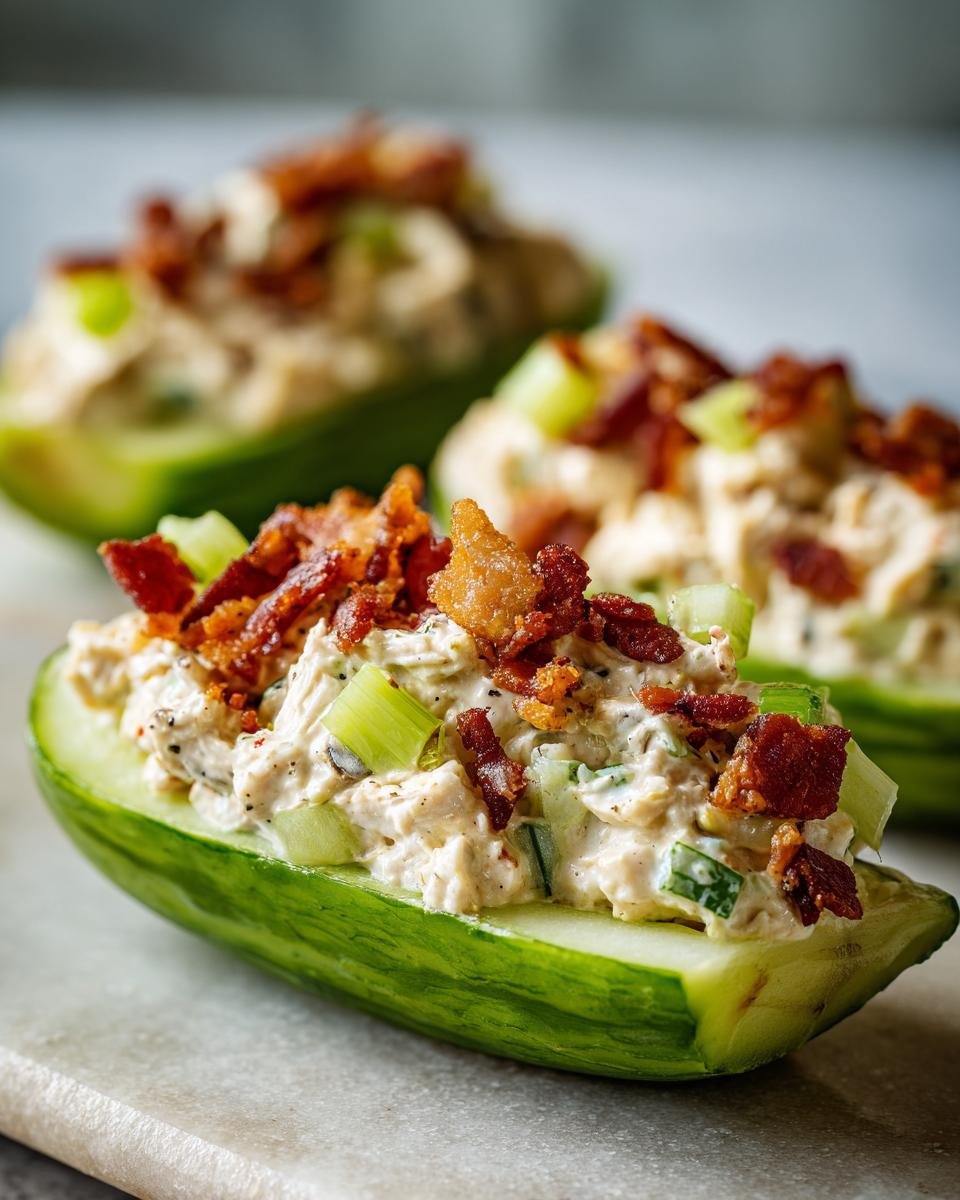 A close-up of a fresh cucumber boat filled with creamy Bacon Ranch Chicken Salad and topped with crispy bacon bits.