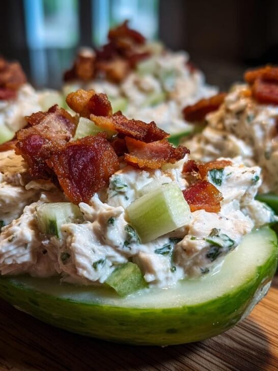 Close-up of several Bacon Ranch Chicken Salad Cucumber Boats filled with creamy chicken salad and topped with crispy bacon.