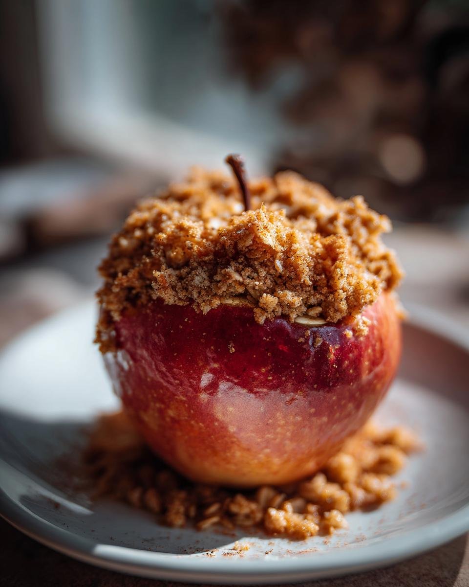 A single baked apple topped generously with brown sugar crumble, representing a Cozy Fall Apple Delight.